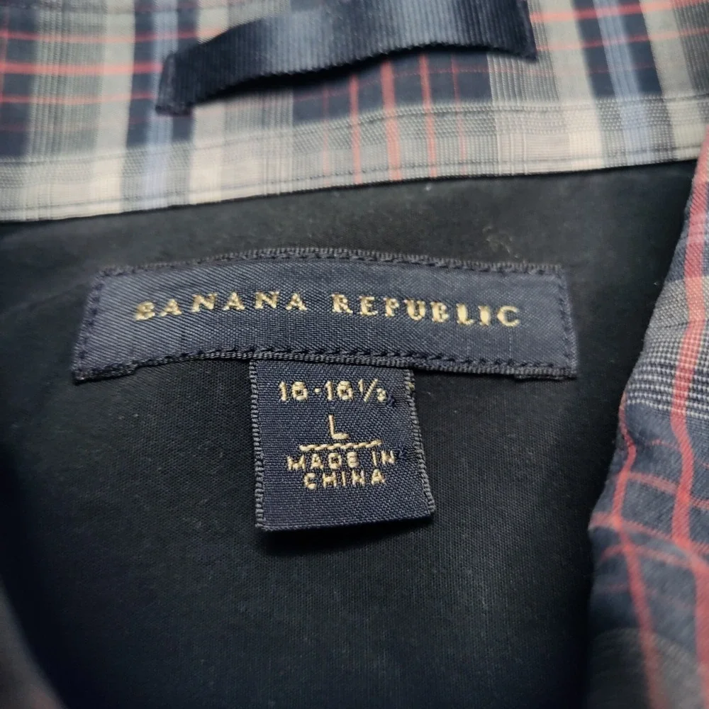 Banana Republic Men Large 16-16.5 Blue Gray Plaid Cotton Blend Button‎ Shirt